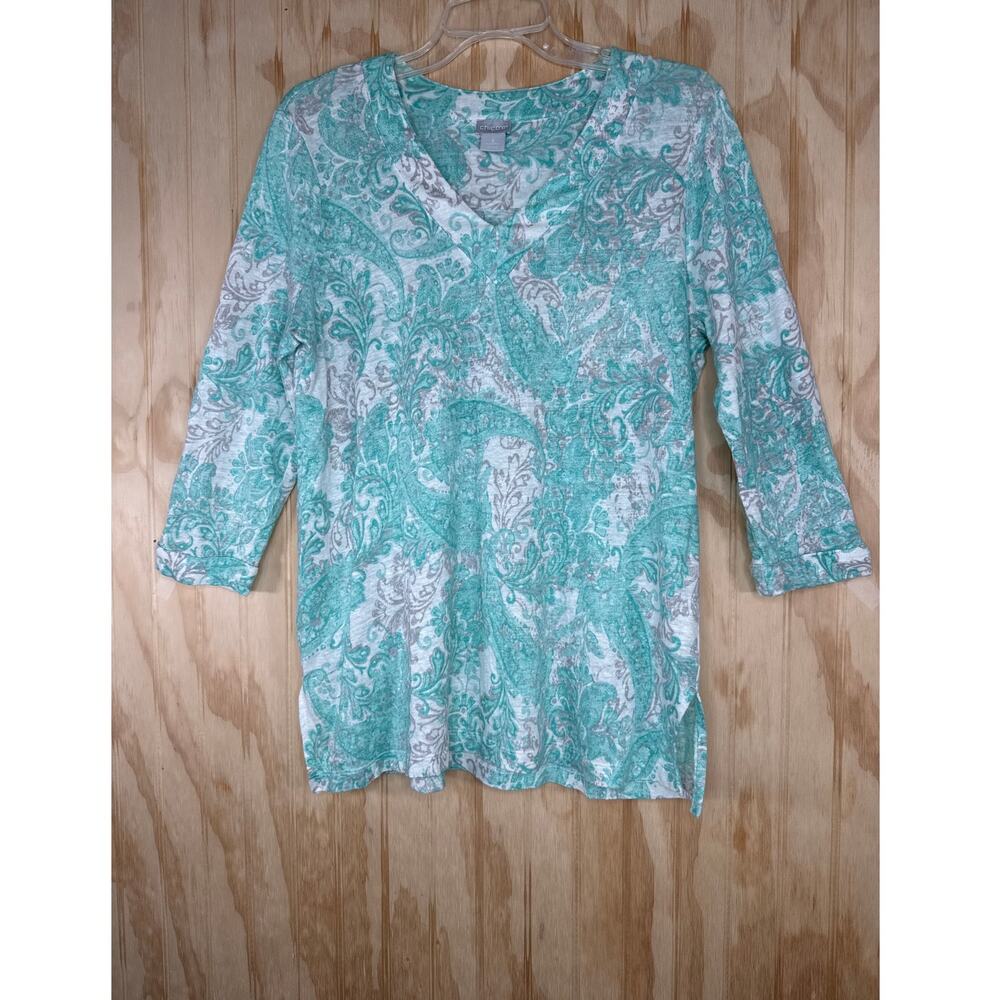 Chico’s Paisley Print Linen Shirt Green White Tan Size 2/Large